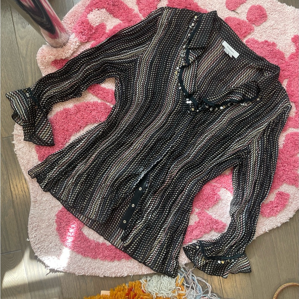 Dress Barn Black and White Striped Collar Long Sleeve Sheer Buttoned Blouse Y2K